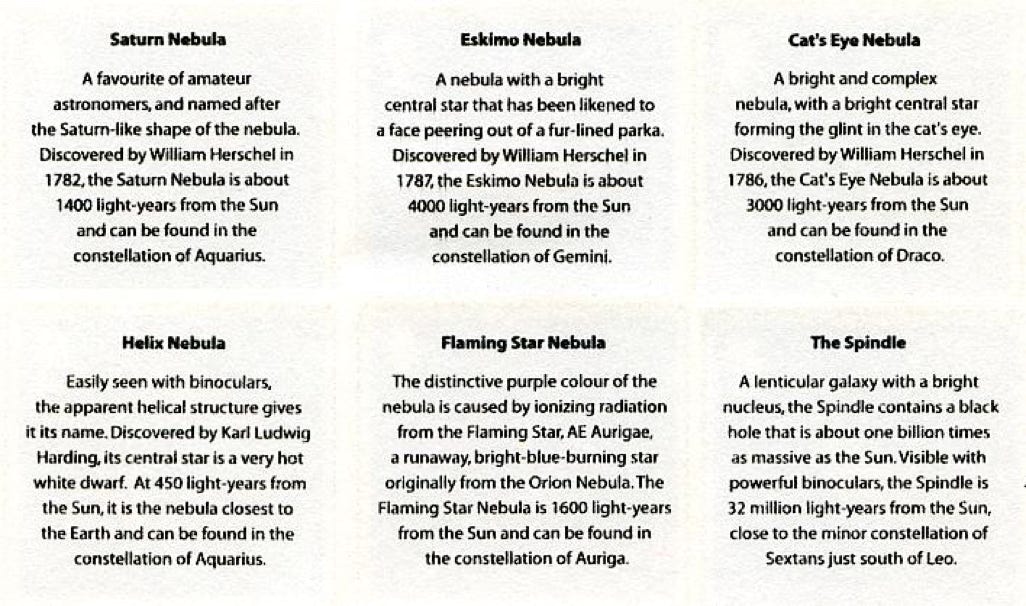Descriptions on the reverse of the GB The Sky at Night stamp set 2007