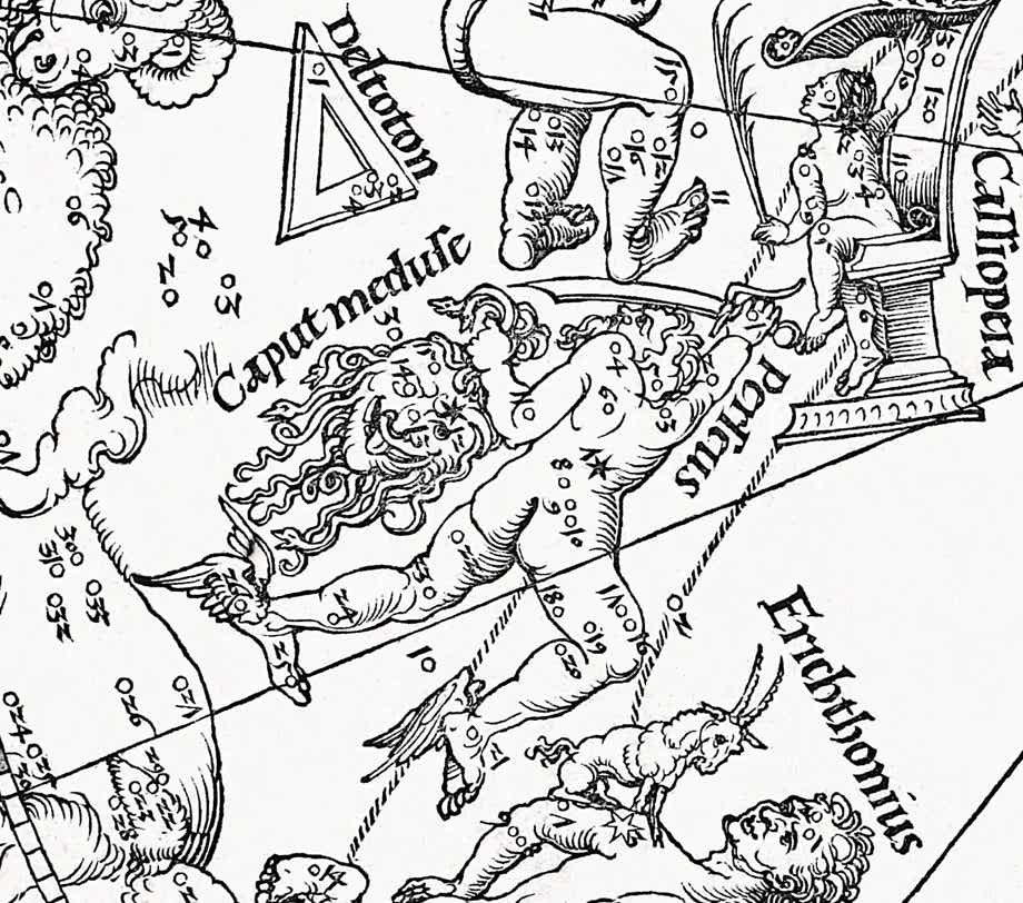 Perseus and the head of Medusa on Durer's chart of 1515