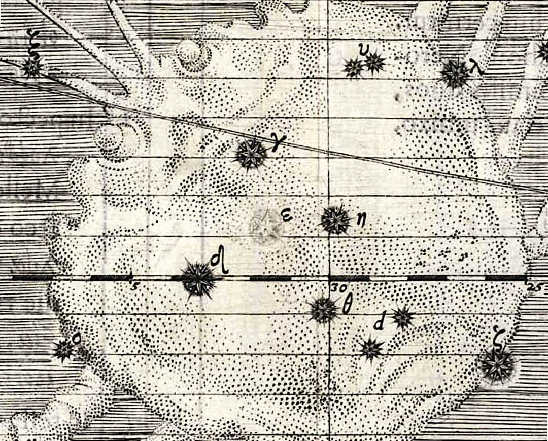 Johann Bayer's depiction of the star cluster Praesepe in Cancer