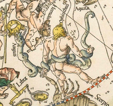 Ophiuchus with Serpens wrapped around his waist, portrayed by Albrecht Dürer