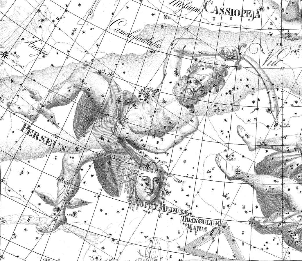 Perseus holding the decapitated head of Medusa the Gorgon, as depicted in the Uranographia of Johann Bode