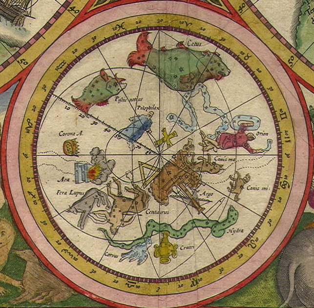 Polophylax and Columba on a small celestial hemisphere of 1594 by Petrus Plancius