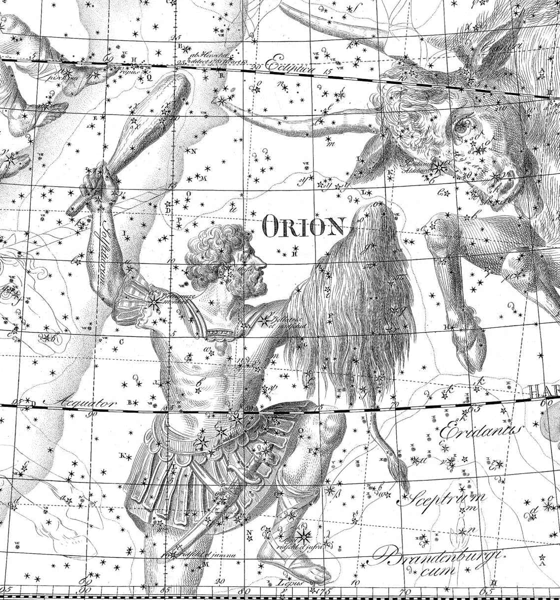 Orion faces Taurus on Bode's Uranographia