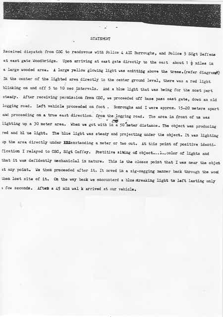 Page 1 of Penniston's Rendesham Forest UFO statement