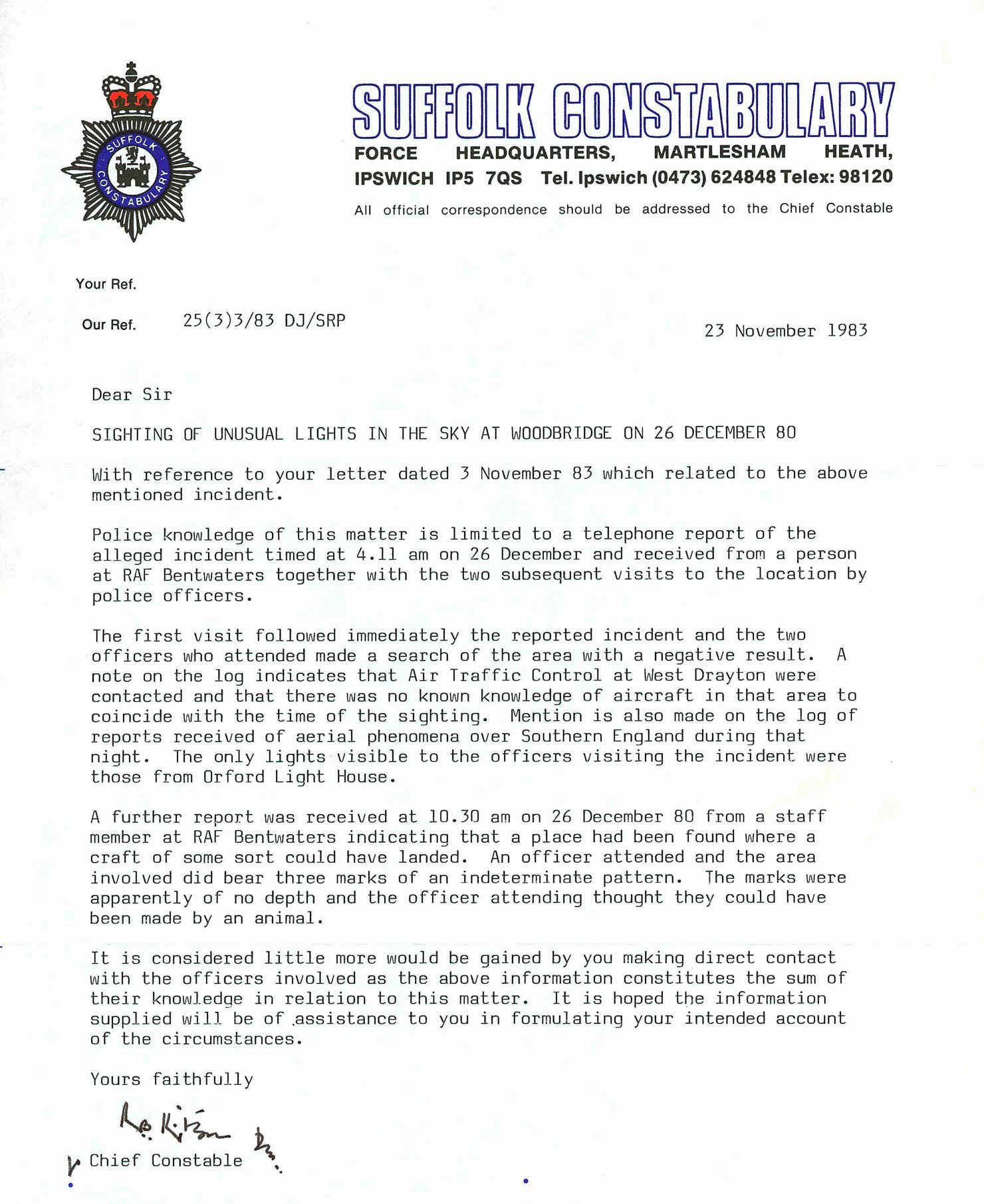 Letter from Suffolk police concerning the Rendlesham Forest UFO sightings