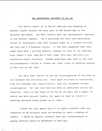 Page 1 of the briefing paper prepared for government minister Lord David Trefgarne about the Rendlesham Forest UFO